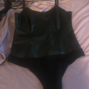 Guess Black Faux Leather Peplum Bodysuit